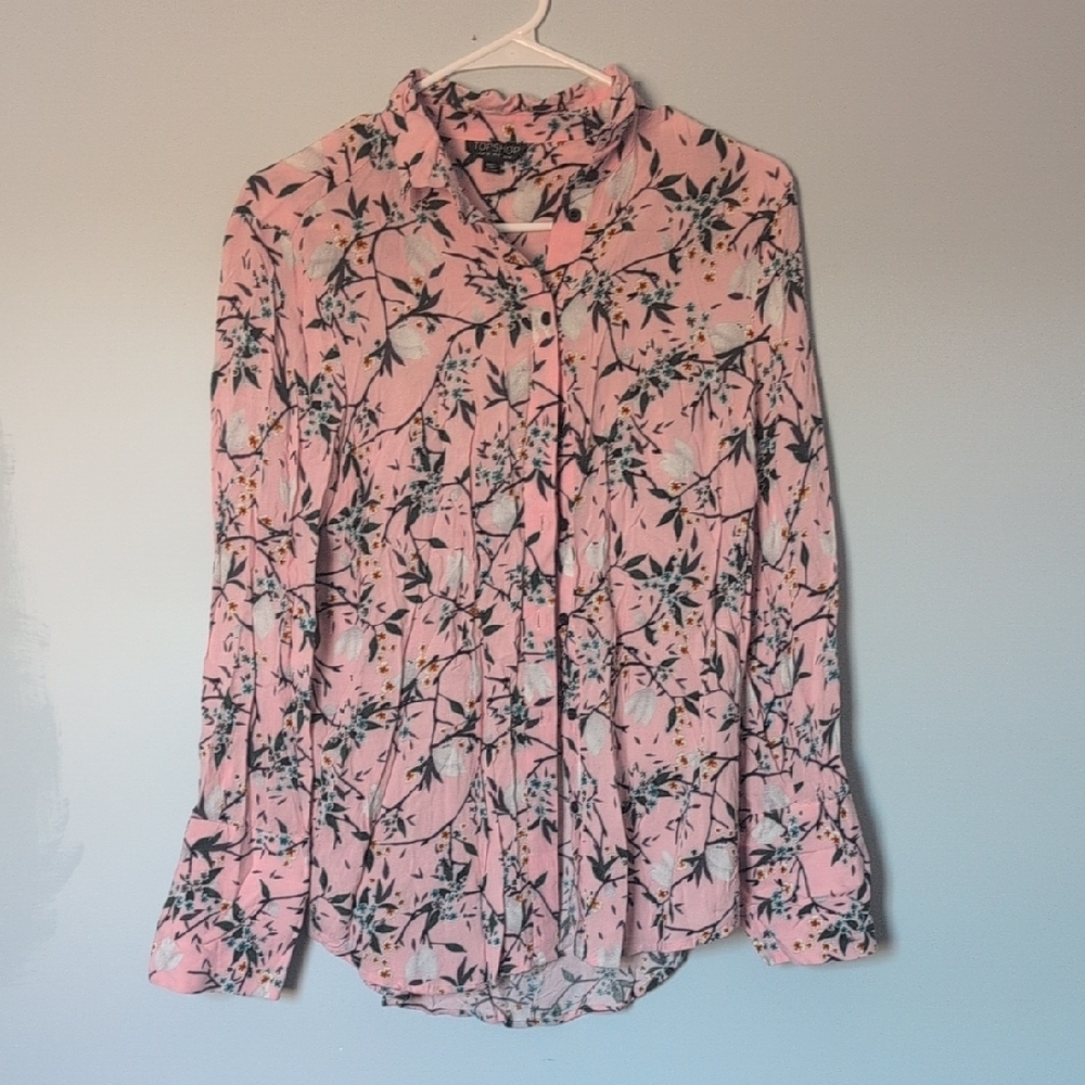 Topshop Pink Mandarin Collar Buttoned Blouse